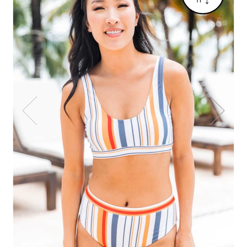 Striped bathing suit top & orange bikini bottoms